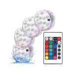 GlowWaterLights, 4 vandeniui atsparūs LED šviestuvai su nuotolinio valdymo pulteliu.
